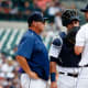 Jul 31, 2016; Detroit, MI, USA; Detroit Tigers pitching coach Rich Dubee (52) talks to catcher James McCann (34) and starting pitcher Mike Pelfrey (37) during the third inning against the Houston Astros at Comerica Park. Mandatory Credit: Rick Osentoski-USA TODAY Sports